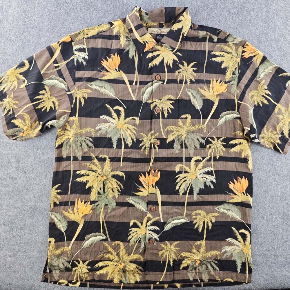Tommy Bahama Silk Hawaiian Shirt Mens Small Black Bird of Paradise Palm Floral
